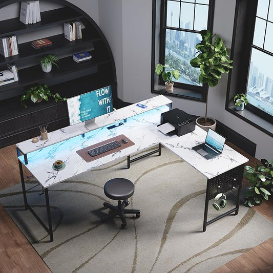 Pamray 64 Inch L Shaped Gaming Desk with Power Outlets and Led Lights, Large Corner Computer Desk with Monitor Stand and Pegboard, PC Table for Home Office and Bedroom Marble