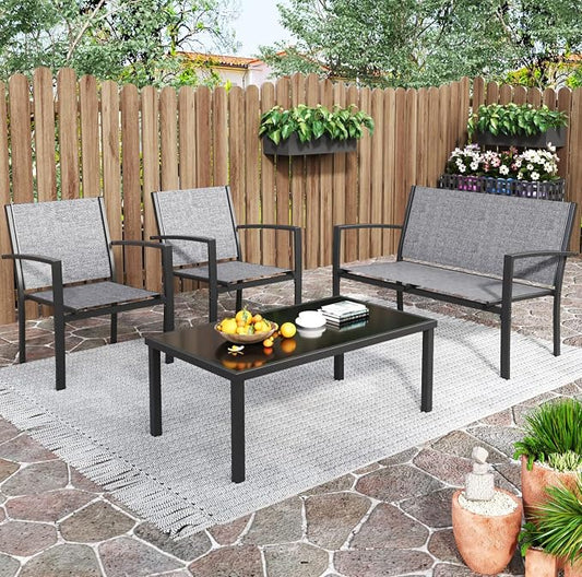 Greesum 4 Pieces Patio Furniture Set, Outdoor Conversation Sets for Patio, Lawn, Garden, Poolside with A Glass Coffee Table, Gray