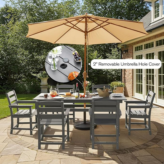 nalone 7-Piece Patio Dining Table Set, HDPE Outdoor Dining Sets with Table and 6 Chairs, Dining Furniture Set with Umbrella Hole (Grey, 7 Pcs)