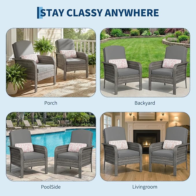 Garvee Outdoor Wicker Chairs,2 Pieces Patio Furniture Set,All Weather High Back Rattan Chairs with High Back&Deep Seating for Deck Porch Balcony Backyard Garden,Grey Rattan & Grey Cushion