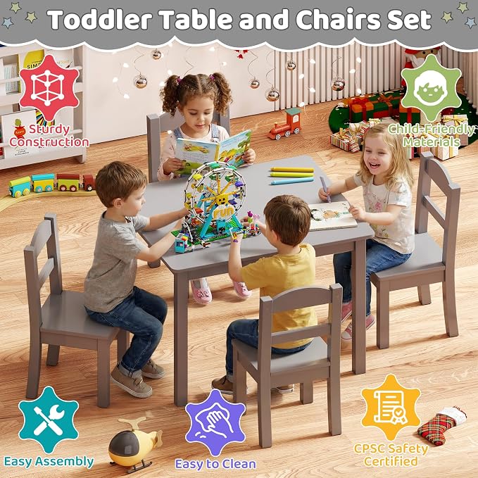 DOREROOM Wooden Kids Table and 4 Chairs, Multi-Activity Toddler Table and Chairs Set, Kids Table and Chairs Set for Arts, Crafts and Snack Time, Toddler Activity Table and Chairs for Age 3-8 (Gray)