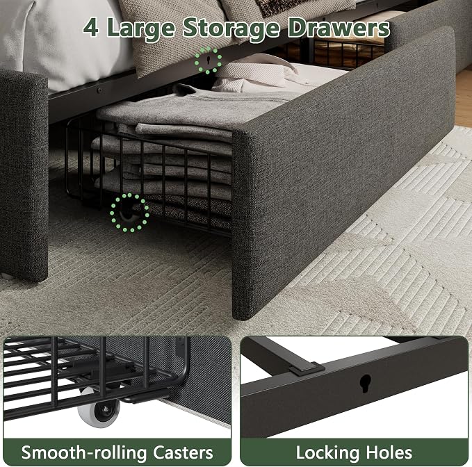 Forestell Full Size Bed Frame with 4 Drawers and Storage Headboard, Grey Upholstered Platform Bed Frame Full Size with Charging Station and LED Lights, Metal Slats Support, No Box Spring Needed