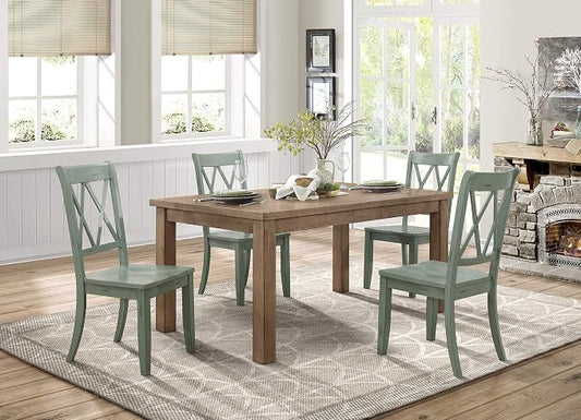 Lexicon Janina 5-Piece Dining Table Set - 66" Wood Kitchen & Dining Room Table with 4 Double X-Back Chairs, Rustic Farmhouse Rectangular Dining Set for Breakfast Nook & Family Meals, Teal