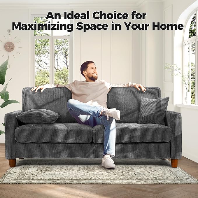 Kidirect 70in Corduroy Couch, Sofa No Tool Assembly, Comfy Couches for Living Room 21in Deeper Seats, Corduroy Sofas for Living Room with 2 Pillows, Oversized Loveseat Sofa, Boho Love Seat Grey Couch