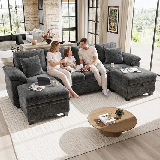 Ihanherry 108" Modular Sectional Sofa with Pull Out Bed, 6-Seater U Shaped Sectional Sleeper Couch with Storage Ottoman, Chenille Convertible Couches for Living Room, Apartment (Grey)
