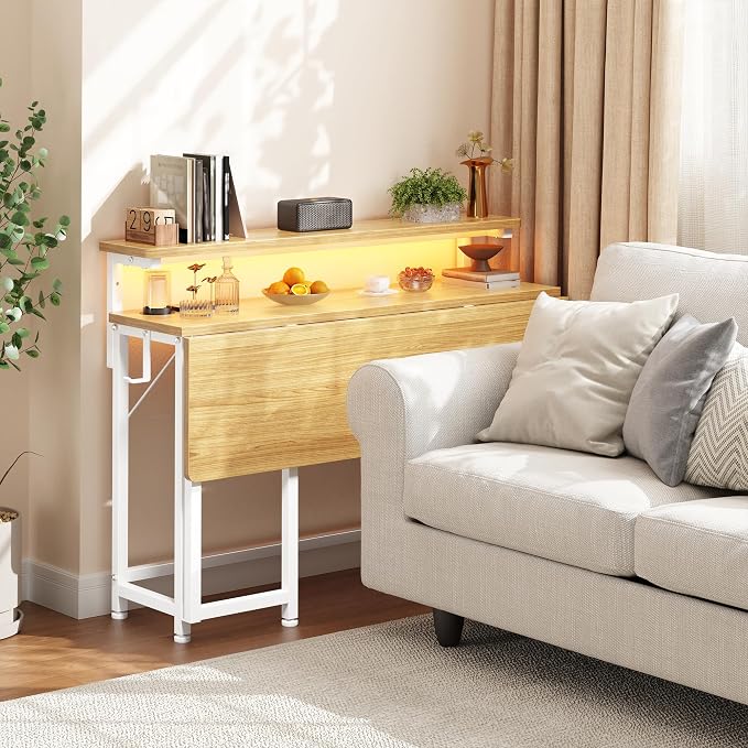 DurayLoly Folding Table with RGB Light for Small Space, 31.5" Folding Computer Desk for Space Saving Sofa Table for Couch, Home Work Office Desk with Monitor Stand, Easy to Fold with Hooks, Oak