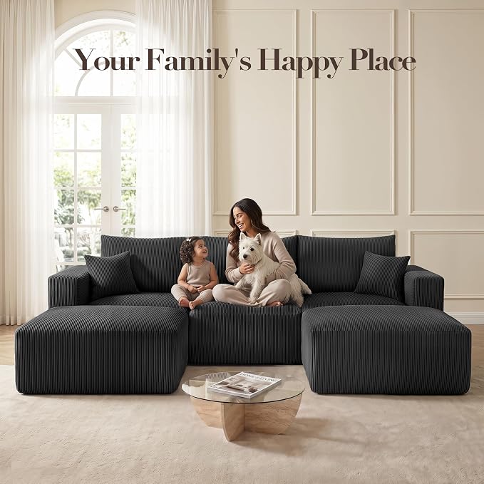Living&Giving 115" Modular Cloud Boneless Couch, U Shaped Sectional Sofa with Chaise, Corduroy Floor Couch for Living Room, High-Density Foam & Firm Lumbar Support for Apartment, Black