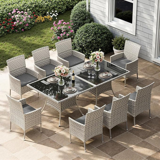 10-Piece Patio Dining Set, Patio Furniture Set with Square Tempered Glass Table & 8 Wicker Chairs, Expandable Design for Larger Groups, Outdoor Furniture for Backyard, Deck, Garden, Grey