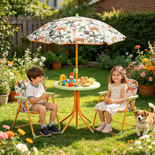 HONEY JOY Kids Picnic Table, Animal Themed Toddler Outdoor Table and Chair Set, 2 Folding Chairs & Removable Umbrella, Children Outdoor Furniture for Backyard Patio Garden (Green Tiger)