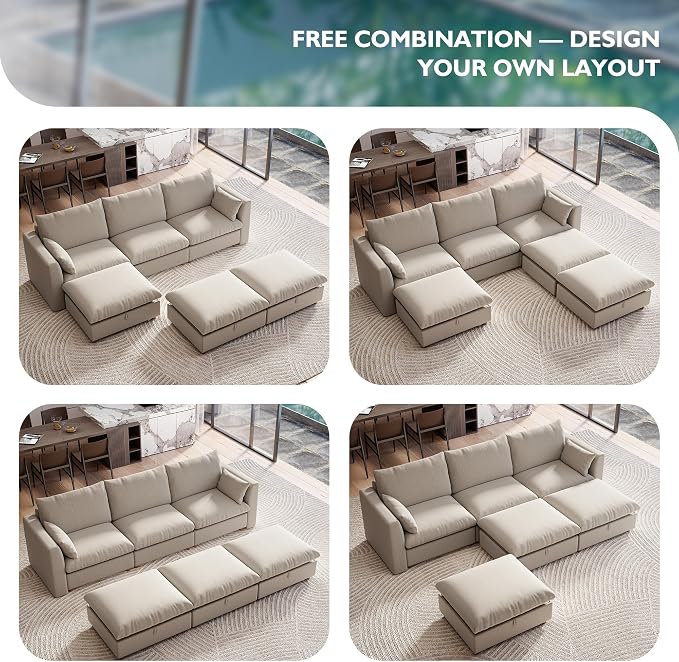 Ihanherry 117" Oversized Modular Sectional Sofa, Modern Cloud Couch with 3 Storage Ottoman, 6-Seat Comfy Chenille Deep Seat Sofa with 2 Pillows for Living Room, Khaki