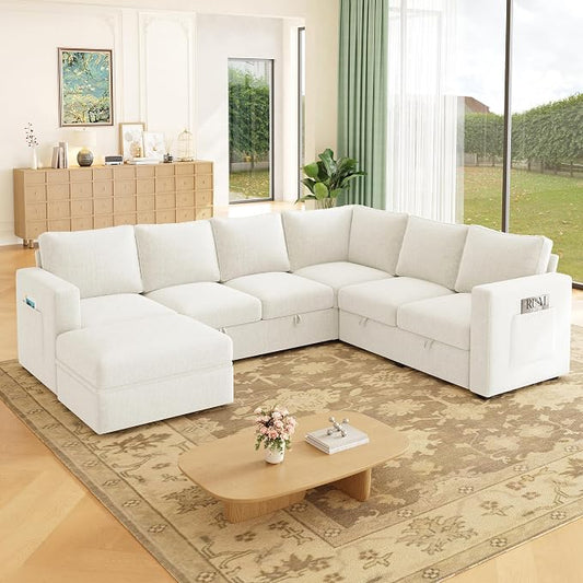 83.5" Sectional Sleeper Sofa with Pull Out Couch, Modern 5 Seat L Shaped Modular Couch, Sectionals Modular Sofa with Storage, Comfy Sectional Couches for Living Room & Apartment,Light Beige