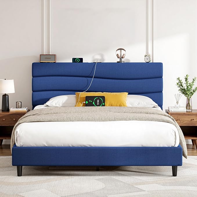EnHomee Queen Bed Frame with Upholstered Headboard,Adjustable Height Platform Bed,Charging Station,No Box Spring Needed,Easy Assembly,Noise-Free,Navy Blue