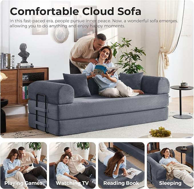 79" 5-in-1 Convertible Sofa Bed No Assembly, Boneless Couch Bed with High Density Foam, Foldable Sleeper Sofa, Corduroy Modular Couch for Apartment, Studio, Dorm Room, Small Space, Dark Gray
