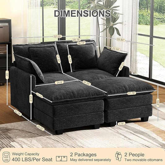 58" Cloud Couch Loveseat, Deep Seat Modular Sectional Sofa with 4 Removable Washable Pillows and 2 Ottoman for Living Room, Bedroom, Apartment, Black