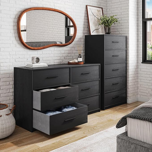 5-Drawer Dresser with Extra Large Fabric Drawers, Wood Frame Dresser with 5 Drawers for Bedroom or Living Room Storage, Hallway, Fabric Bins for Closet or Hallway Storage Organizer, Toy Chest, Black | 5-drawer dresser, fabric storage drawers, sturdy wo...