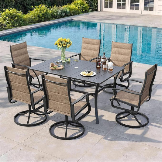 7 Pieces Patio Dining Set, Padded Patio Outdoor Furniture Set of 6 Patio Swivel Dining Chairs and Patio Spliced Rectangular Tabletop with Umbrella Hole, for Deck, Backyard, Poolside & Garden