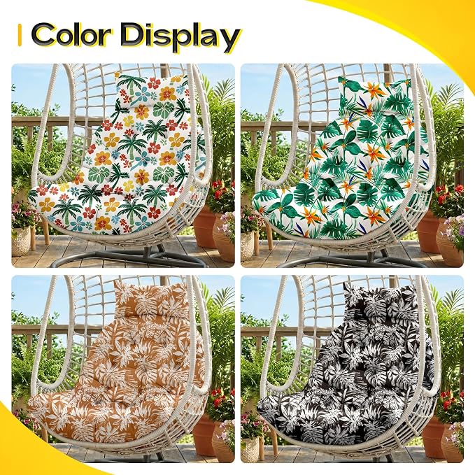 MAGIC ELEPHANT Egg Chair Cushion, Memory Foam Hanging Egg Chair Cushion Replacement, Indoor Outdoor Hammock Basket Swing Cushion with Headrest (Black Monstera)