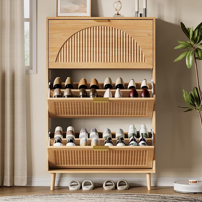 Xixini Shoe Storage Cabinet with 3 Flip Drawers, 50" Tall Narrow Wood Fluted Shoe Organizer for Entryway, Freestanding Wooden Hidden Slim Shoe Rack for Front Door Entrance, Hallway, Foyer, Natural Oak