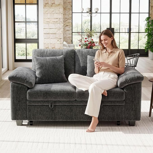 Ihanherry 61" Loveseat Sleeper Sofa, 2-in-1 Pull Out Couch Bed with 2 Pillows, Chenille Convertible Sofa Bed, Small Space Sleeper Couch for Living Room Apartment (Grey)