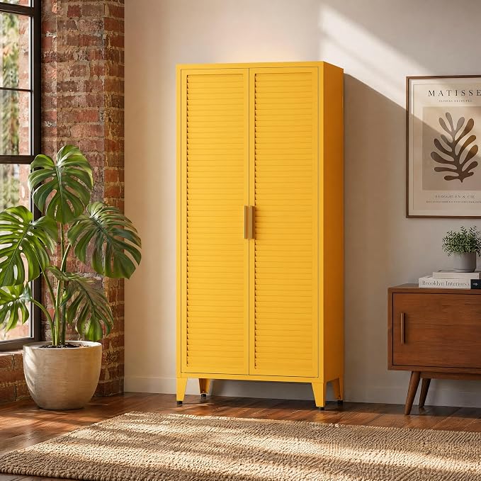 Yellow Metal Storage Cabinet, 4-Tier Tall Cabinet with Adjustable Shelves and Hanging Rod, Louvered Door Freestanding Lockers for Home, Living Room, Kitchen, Bedroom,garage 61" H X 27.6" W X 13.8" D