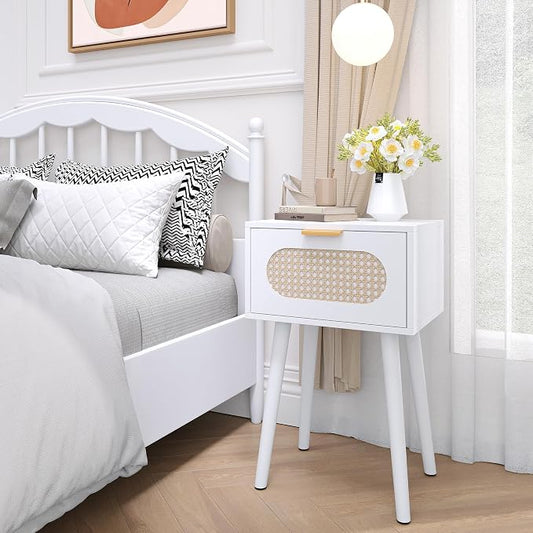 Nightstands Set of 2, Bedside Table with Rattan Door, Boho End Table with Solid Wood Legs for Bedroom, Living Room, Small Space Nightstands, White Color, HNS001W