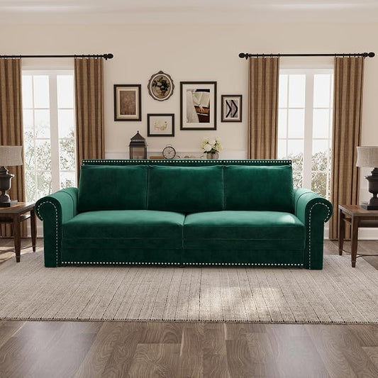 93.7" King Size Sleeper Sofa Bed, Pull Out Sofa Bed, Velvet Upholstery, 3 in 1 Convertible Sleeper Couch, Chaise Lounge, Retro Recliner for Living Room, Office, Apartment, Green