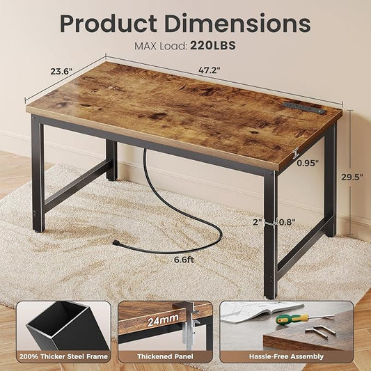 Huuger 48 x 24 inch Desk with Power Outlets & USB-C, Deeper & Thicker Desktop, Robust Metal Tubes, Computer Desk, Heavy Duty Office Desk, Work Gaming Desk for Home Office, Rustic Brown