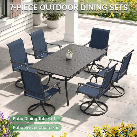 7-Piece Outdoor Dining Set with Umbrella Hole,Patio Swivel Chairs Set and 63"x 38"x 28" Outdoor Patio Table for 6,Modern Garden Dining Set for Poolside Seaside Backyard