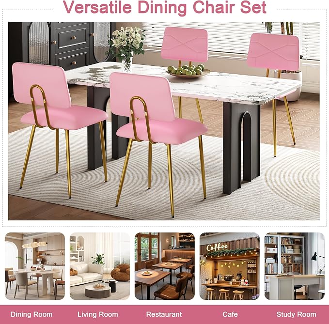 VECELO Dining Chairs Set of 2, Modern Upholstered Kitchen Chairs with Faux Leather Cushion Seat & Metal Legs for Kitchen, Living Room, Tufted Backrest Design, Pink