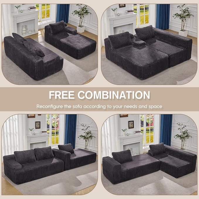 Hobestluk Boneless Couch Modular Sectional Sofa L-Shape Oversized Chaise | 108" Right Facing Chaise Darkgrey,Memory Foam,Removable Cover,Non-slip Bottom,No Assemble Required,Living Room Furniture
