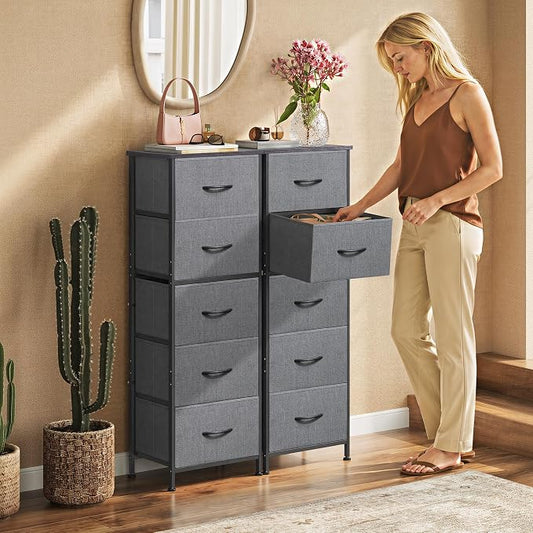 WLIVE Fabric Dresser, 5-Drawer Tall Dressers for Bedroom, Storage Dresser Organizer with Fabric Bins, Wood Top, Sturdy Steel Frame, Chest of Drawers for Closet, Hallway, Dark Grey