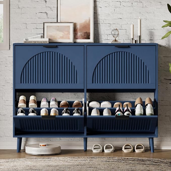 Xixini Shoe Storage Cabinet with 4 Flip Drawers, 36" Freestanding Wood Fluted Shoe Organizer for Entryway, Tall Narrow Wooden Hidden Slim Shoe Rack for Front Door Entrance, Hallway, Foyer, Navy Blue