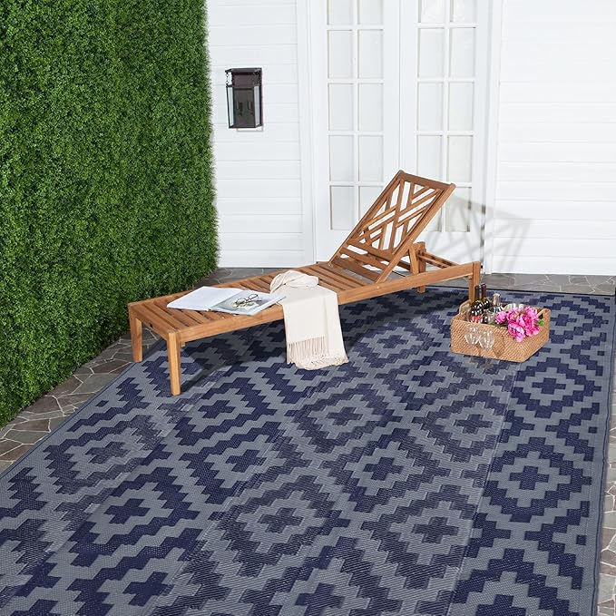 SAND MINE Reversible Mats, Plastic Straw Rug, Modern Area Rug, Large Floor Mat and Rug for Outdoors, RV, Patio, Backyard, Deck, Picnic, Beach, Trailer, Camping (6' x 9', Blue Grey Lattice)