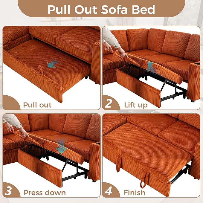 Sectional Sleeper Sofa with Pull Out Bed, Plush Corduroy L Shaped Corner Couch with Storage, USB Ports, Cup Holders, Comfy Sectional Couches for Living Room, Orange