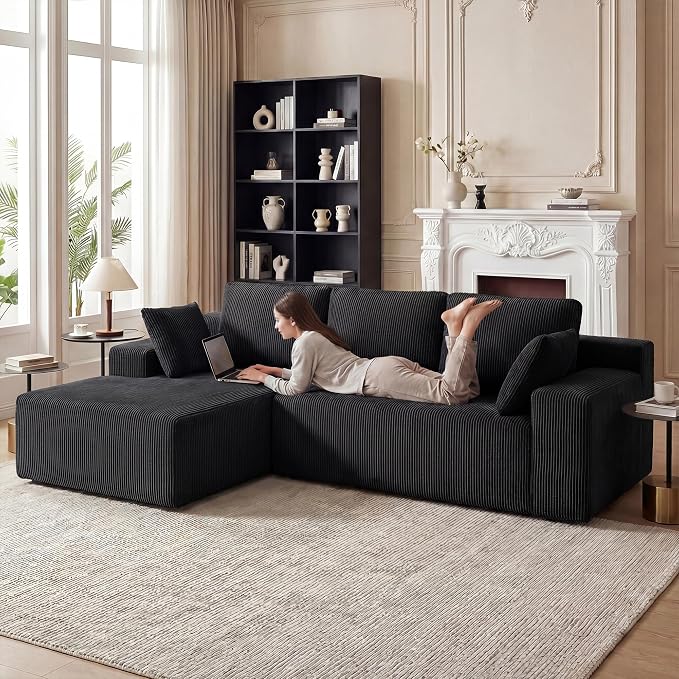 GRUSIGN Cloud Sectional Boneless Couches for Living Room, Modular L Shaped Couch with Deep Seat Oversized Left Facing Chaise, Memory Foam Compressed Spineless 3 Seater Sofa for Apartment, Black