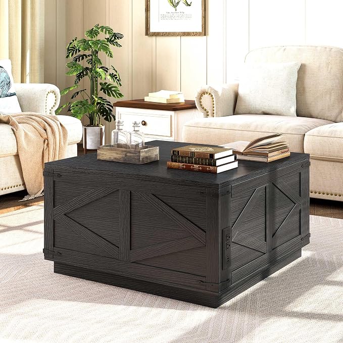Jocoevol Farmhouse Lift Top Coffee Table, Square Wood Center Table with LED Lighting, USB-C Charging Station, and Hidden Storage Compartment - Rustic Black Living Room Furniture
