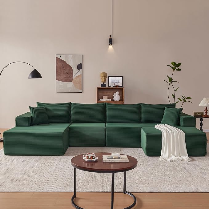 Mangodan 140” Cloud Sectional Couch, Modular Sectional Sofa with Deep Seat, Boneless Sofa for Living Room, Fluffy Comfy U-Shaped Couch with Left Facing Chaise, No Assembly Required, Green