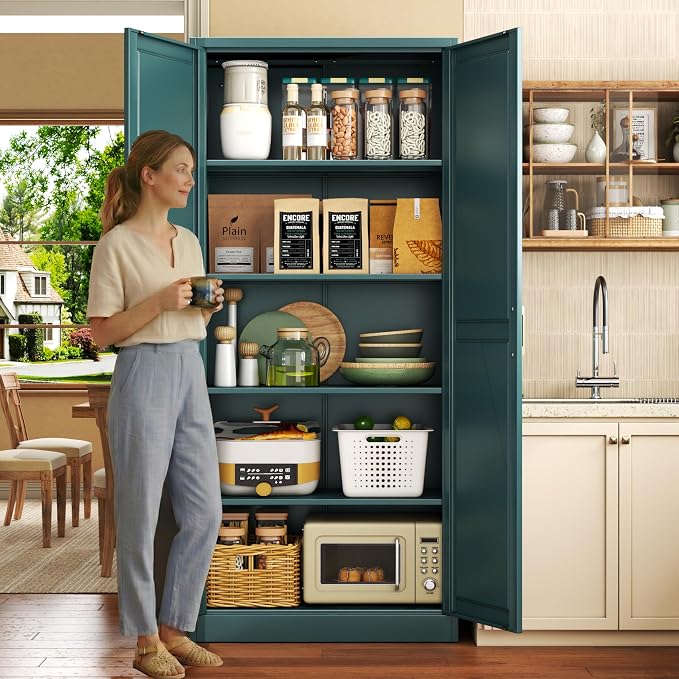 71" Metal Pantry Cabinet,Storage Cabinet with Doors and Shelves | Metal Storage Cabinet,Gold Handles,Adjustable Shelves,Magnetic Doors,Leveling Feet,Anti-tipping,for Kitchen/Garage Green