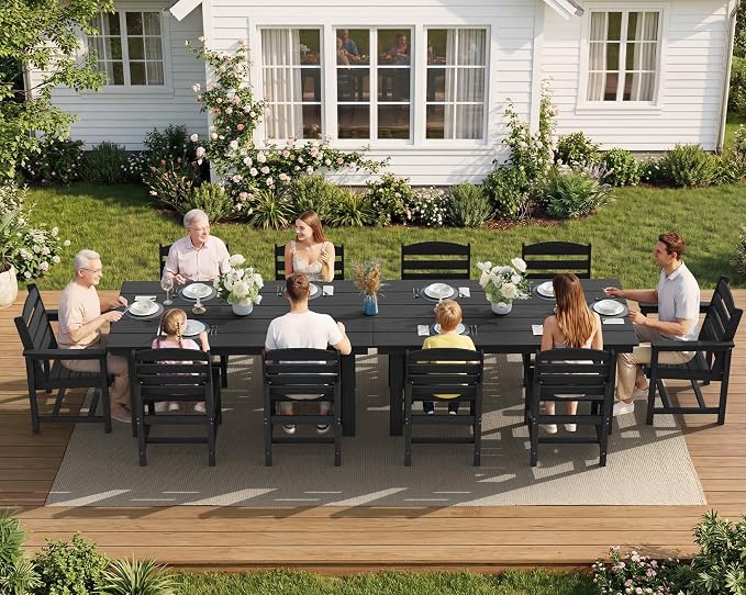 SERWALL Patio Dining Sets for 6 Person, HDPE Dining Set with 6 Armless Chairs, Black