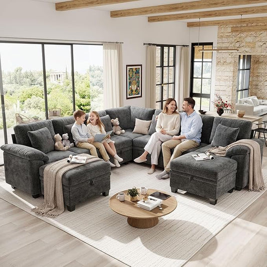 Ihanherry 108" Modular Sectional Sofa with Pull Out Bed, 9-Seater U Shaped Sectional Sleeper Couch with Storage, Chenille Convertible Couches for Living Room, Apartment (Grey)