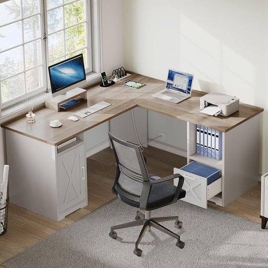 YITAHOME L Shaped Desk with Power Outlets, 60 Inch Computer Desk Corner Desk with File Drawer, Home Office Desk with Monitor Stand & Storage Shelves, L-Shaped Desk with File Cabinet, Grey Wash