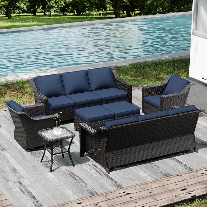 Joyside Wicker Patio Furniture Sets, 7 Pieces Upgraded Large Size Outdoor Furniture with Swivel Rocking Patio Chairs, Two 3-Seat Sofa, Outdoor Ottoman, Thick Cushions, Wide Armrest, Blue
