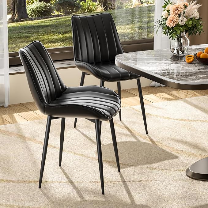 VECELO Dining Chairs Set of 6, Vegan Leather Fabric & Metal Frame, Mordern Style for Kitchen, Living Room,Offcie,Black