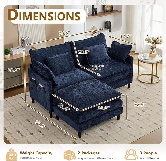 113" Chenille Modular Sectional Sofa, Convertible L Shaped Modular Sofa Comfy Cloud Couch with Ottoman, Side Pockets and 5 Throw Pillows for Living Room (Blue, 75.3" - 3 Seats)