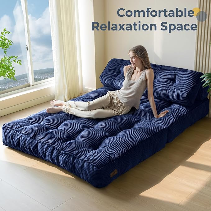 MAXYOYO Folding Sofa Bed, Convertible Chair with Pillow Foldable Couch with Back Support, Portable Fold Out Chair Bed Comfy Floor Sofa Lounge for Living Room Bedroom, Navy Double
