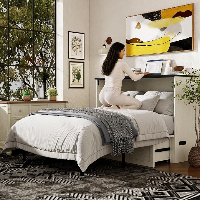 Ihanherry Queen Murphy Bed with Storage Drawer, Farmhouse Cabinet Bed with LED Lights & Charging Station, Space Saving Wall Bed for Small Bedroom/Home Office, Noise Free & Easy Assembly, Rustic White
