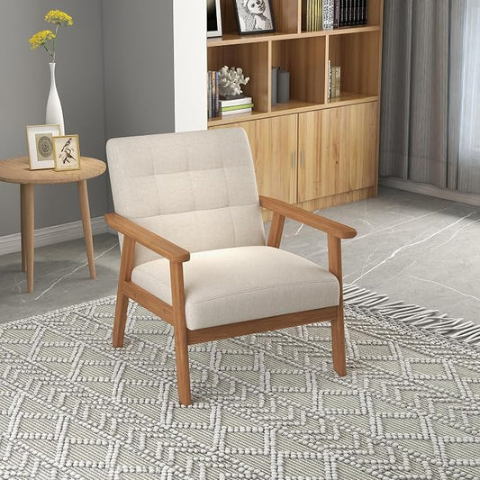 Mid-Century Accent Chairs Set of 2, Solid Wood for Living Room, Beige Linen | Relaxing Arm Chair with Soft Thicken Cushion, Comfy Reading Chair for Bedroom, Balcony, Natural Legs, Easy to Setup