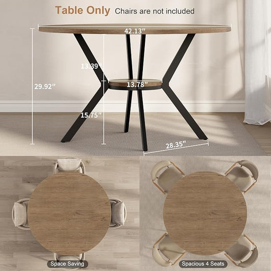 MECHYIN 42" Round Dining Table for 2-4, Farmhouse Kitchen Table with Storage, Space Saving Circle Dinner Table, Rustic Light Wood Kitchen & Dining Room Tables with Metal Legs for Kitchen, Dining Room