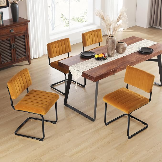 ONEVOG Velvet Dining Chairs Set of 4, Upholstered Kitchen Dining Room Chairs with Striped Open Back, Comfy Orange Chair Armless, Dinner Chair for Party, Black Chrome Metal Legs