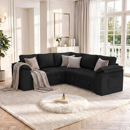 85 Inch Sectional Sleeper Sofa Bed with Pull Out Couch, U Shaped 5 Seat Cloud Modular Sectional Sofa with Storage, Corduroy Sectional Couches for Living Room, Removable Sofa Cover, Dark Grey